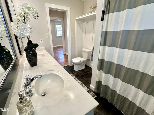 full bathroom featuring double vanity, baseboards, toilet, and a sink