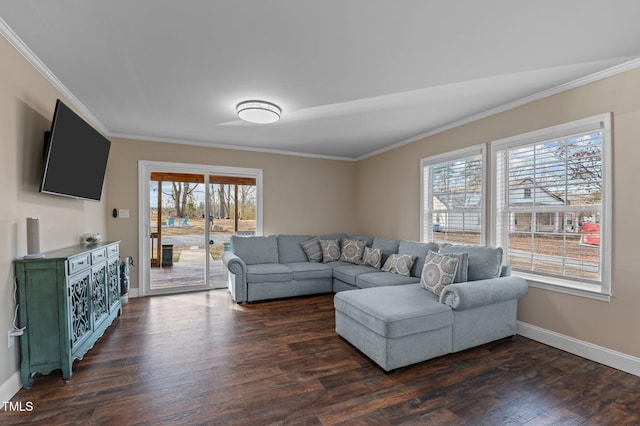 living room with dark wood finished floors, baseboards, and ornamental molding