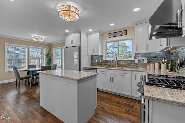 kitchen featuring a kitchen island, stainless steel appliances, a sink, dark wood-type flooring, and exhaust hood