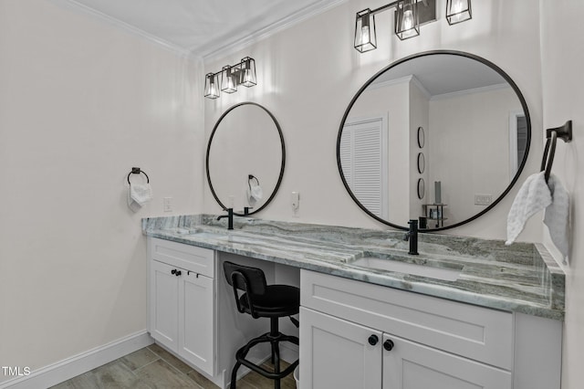 bathroom featuring double vanity, wood finished floors, crown molding, and a sink