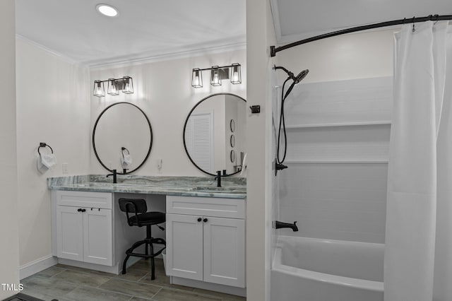 full bathroom with a sink, shower / tub combo, crown molding, double vanity, and wood tiled floor