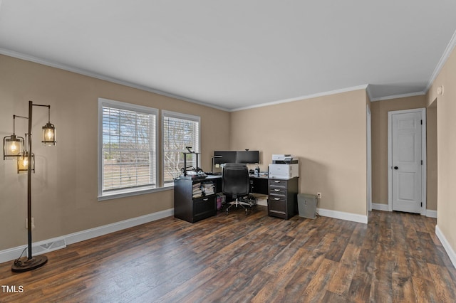 office area with baseboards, dark wood finished floors, and ornamental molding