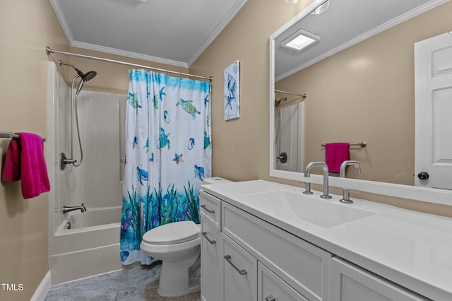 bathroom featuring vanity, crown molding, toilet, and shower / tub combo with curtain