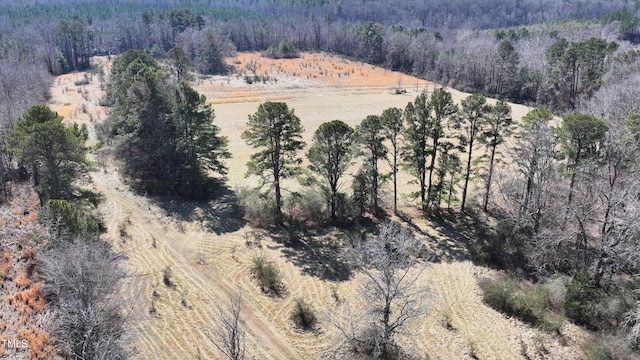 bird's eye view with a wooded view