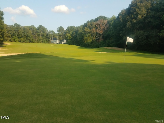 view of community with a lawn and golf course view