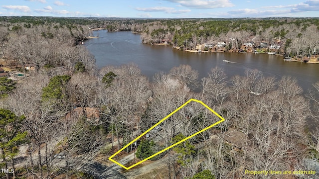 aerial view with a view of trees and a water view