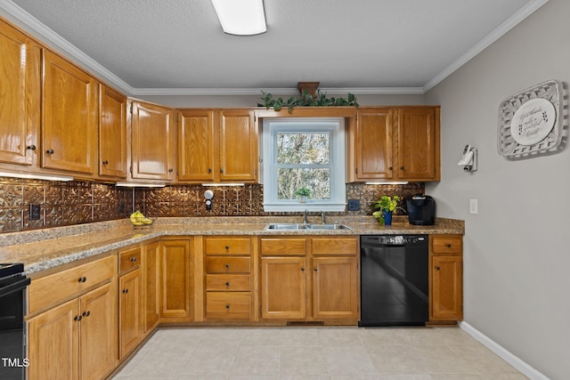 kitchen featuring light stone counters, baseboards, a sink, dishwasher, and tasteful backsplash