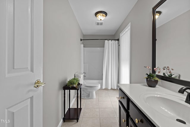 bathroom with vanity, visible vents, shower / bath combo, tile patterned floors, and toilet