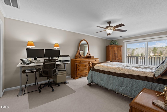 bedroom with visible vents, access to outside, crown molding, baseboards, and light colored carpet