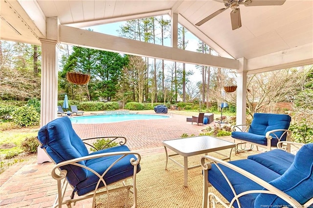 1906 Partridge Dr, Fayetteville, NC 28304 - view of patio with an outdoor living space, a ceiling fan, and an outdoor pool