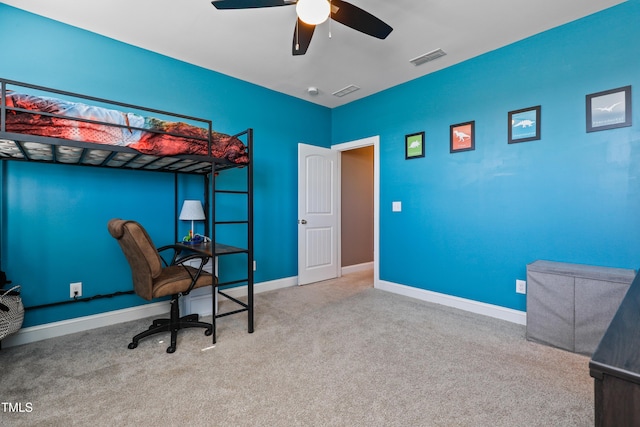 bedroom featuring visible vents, baseboards, carpet, and a ceiling fan