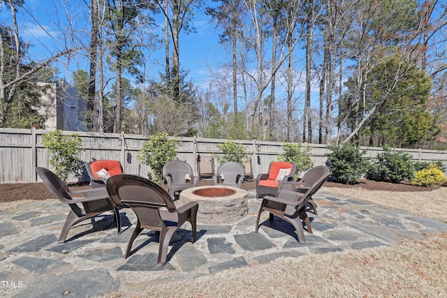 view of patio with a fire pit and a fenced backyard