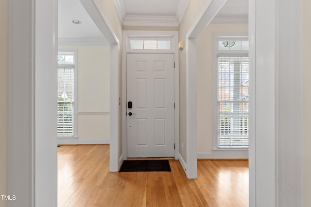 entrance foyer featuring crown molding, a healthy amount of sunlight, and light wood-type flooring