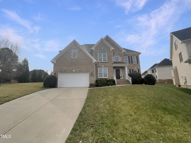 view of front facade featuring a front lawn, a garage, brick siding, and driveway