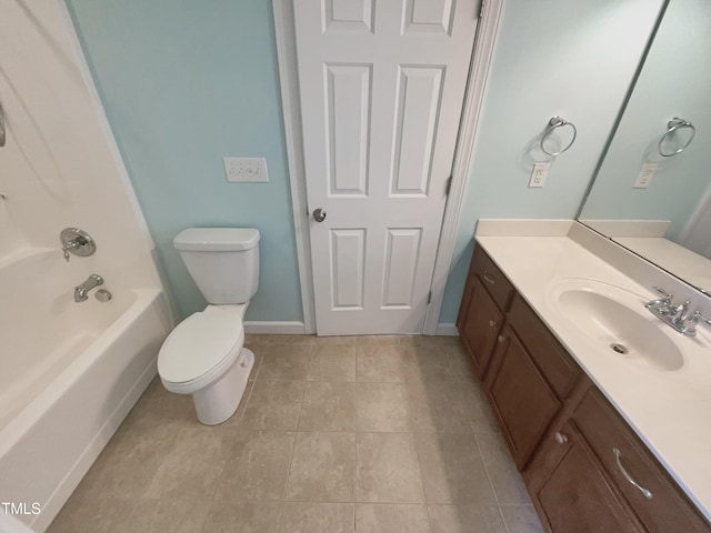 bathroom featuring baseboards, shower / washtub combination, toilet, tile patterned floors, and vanity