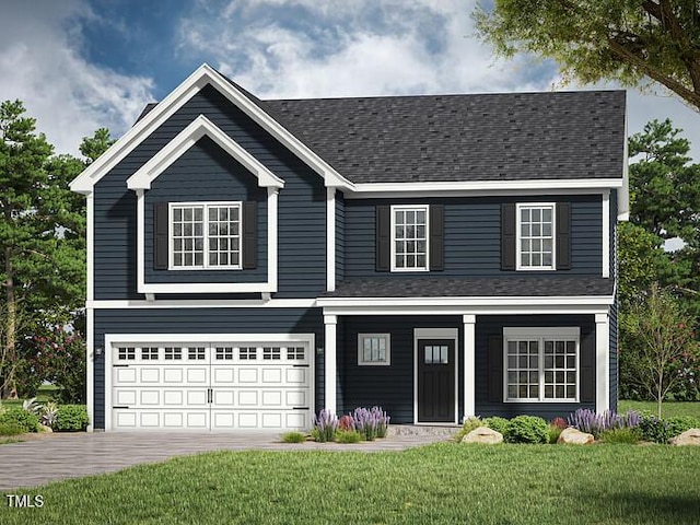 view of front of property featuring a front lawn, an attached garage, driveway, and a shingled roof