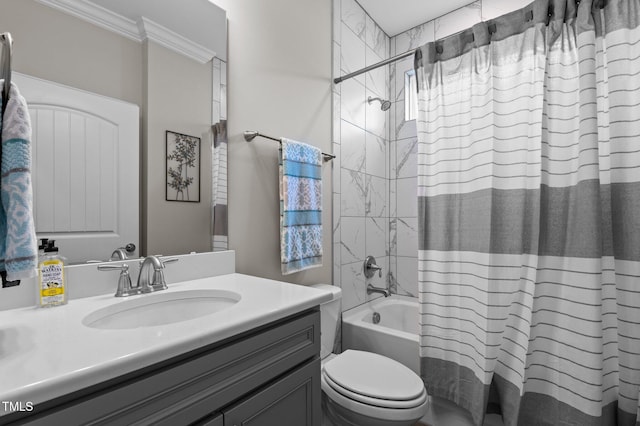 bathroom featuring toilet, vanity, shower / bath combo with shower curtain, and crown molding