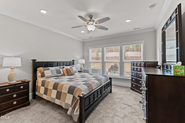 bedroom featuring crown molding, multiple windows, and light colored carpet