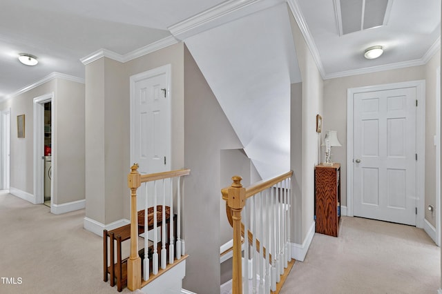 511 Windstream Way, Cary, NC 27518 - hallway with an upstairs landing, light carpet, crown molding, and baseboards