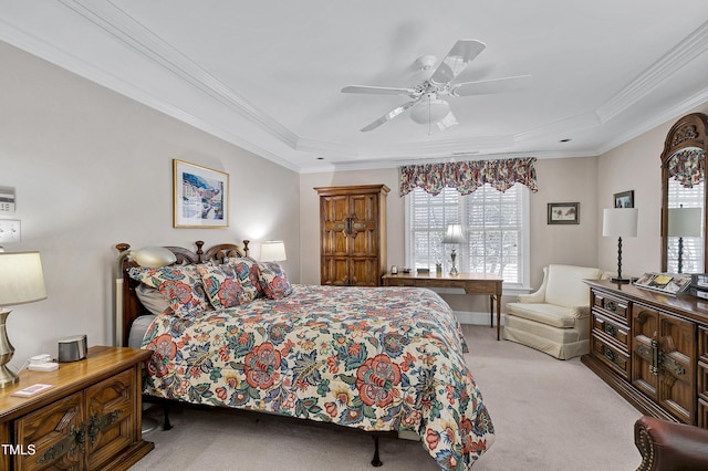 511 Windstream Way, Cary, NC 27518 - bedroom with light colored carpet, a raised ceiling, ornamental molding, and ceiling fan