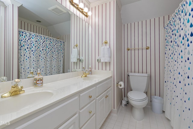 511 Windstream Way, Cary, NC 27518 - full bathroom featuring tile patterned floors, double vanity, toilet, curtained shower, and wallpapered walls