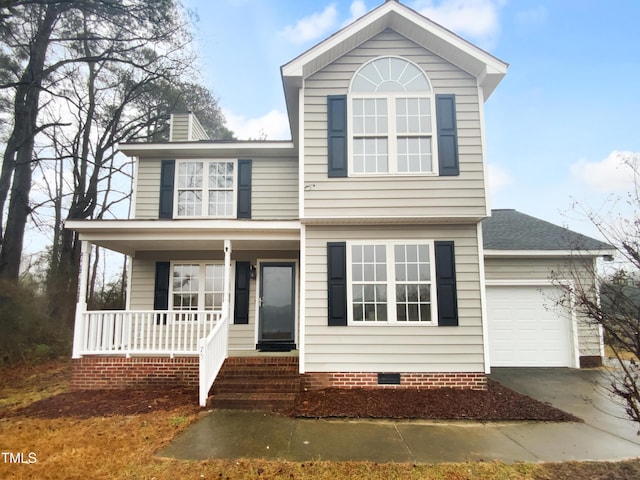 view of front of house featuring a porch, a chimney, driveway, crawl space, and an attached garage