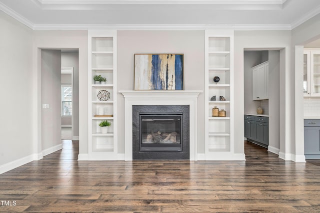 unfurnished living room featuring ornamental molding, dark wood-style floors, baseboards, and a premium fireplace