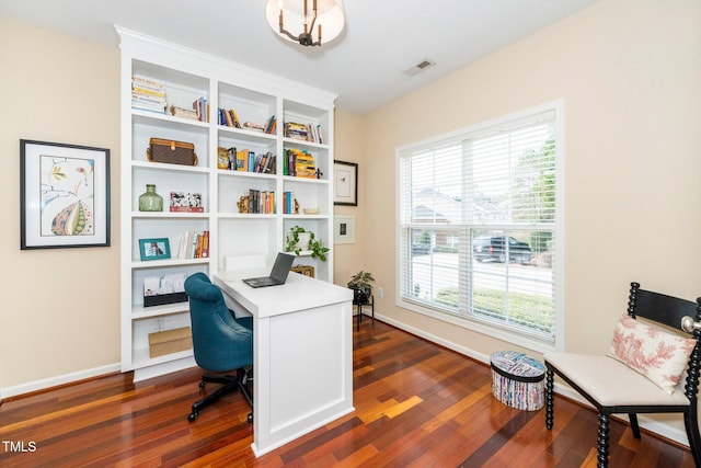 home office with visible vents, baseboards, and dark wood-style flooring