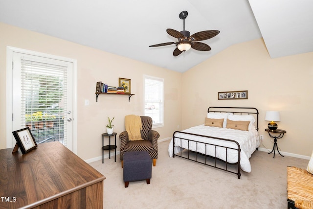 bedroom with baseboards, light colored carpet, lofted ceiling, a ceiling fan, and access to outside