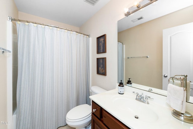 full bathroom with visible vents, toilet, and vanity