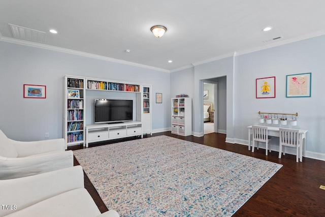 living room featuring dark wood finished floors, visible vents, and ornamental molding