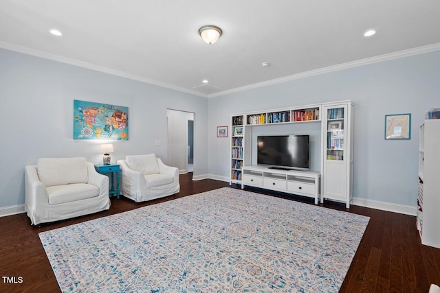 living area with dark wood finished floors, recessed lighting, baseboards, and ornamental molding