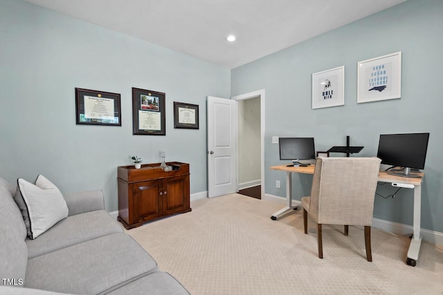 office area featuring recessed lighting, baseboards, and carpet