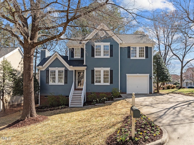 view of front of home featuring a front lawn, concrete driveway, an attached garage, crawl space, and a chimney