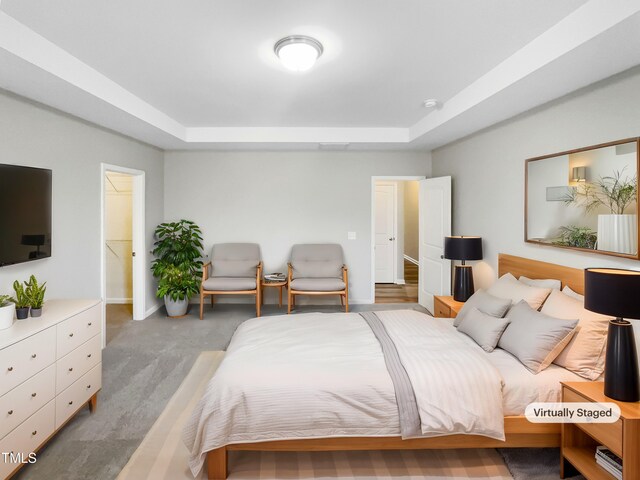 carpeted bedroom with a tray ceiling