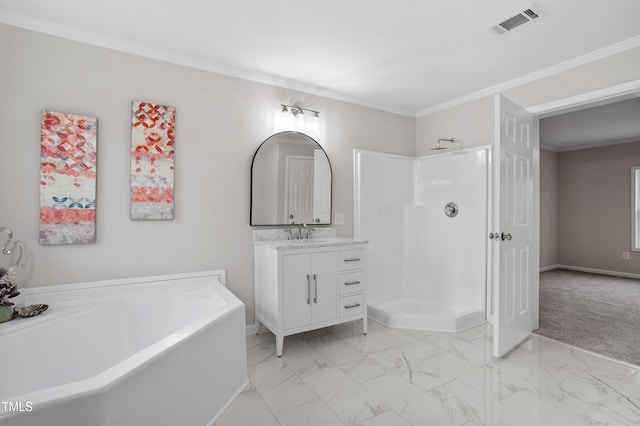 bathroom featuring vanity, visible vents, walk in shower, crown molding, and marble finish floor