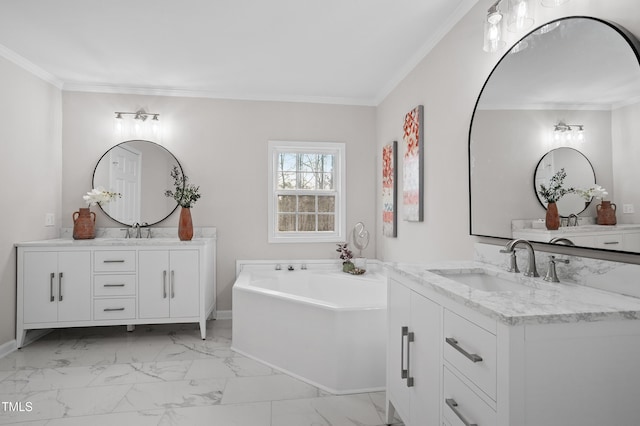 full bathroom featuring crown molding, a garden tub, two vanities, marble finish floor, and a sink