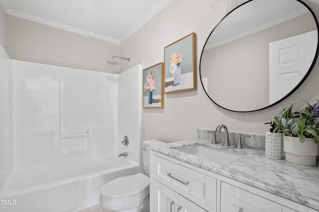 full bathroom featuring toilet, vanity,  shower combination, and ornamental molding