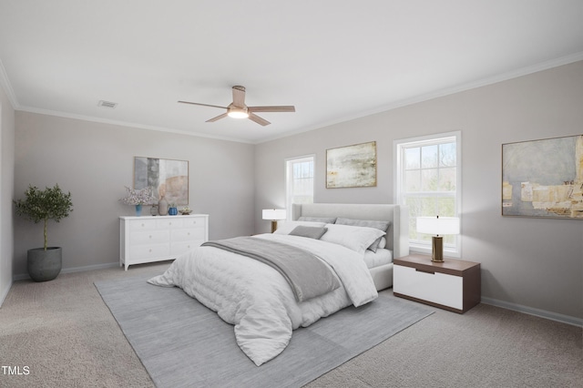 carpeted bedroom with visible vents, baseboards, ceiling fan, and crown molding