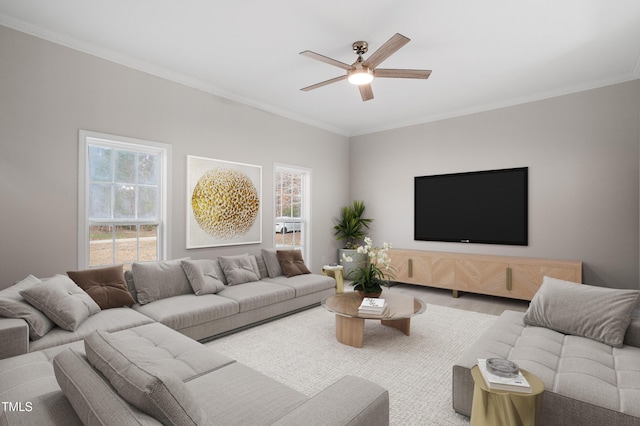 living room with crown molding, plenty of natural light, and ceiling fan