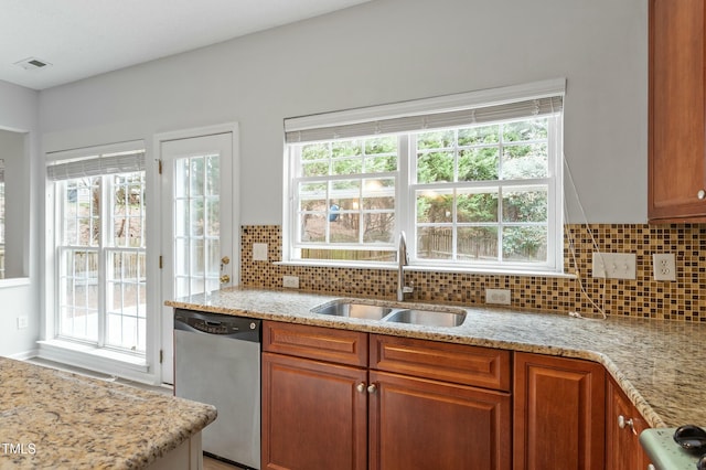 kitchen featuring stainless steel dishwasher, decorative backsplash, visible vents, and a sink