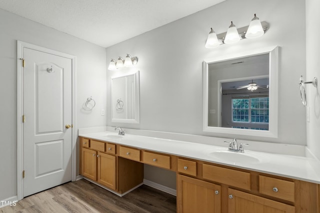 bathroom featuring double vanity, a textured ceiling, wood finished floors, and a sink