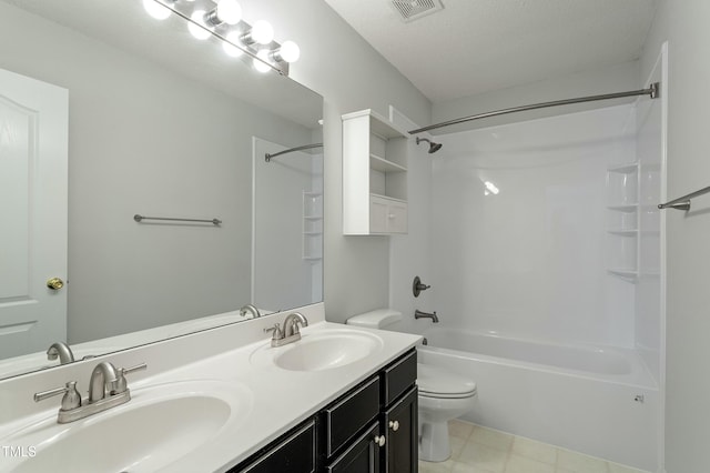 full bathroom with double vanity, visible vents, toilet, and a sink