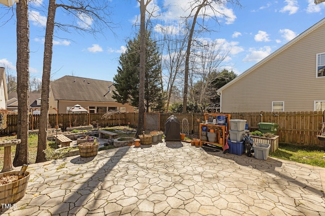 view of patio with a fenced backyard and a garden