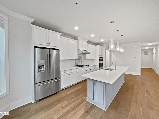 kitchen with under cabinet range hood, light wood-style flooring, appliances with stainless steel finishes, white cabinetry, and a sink