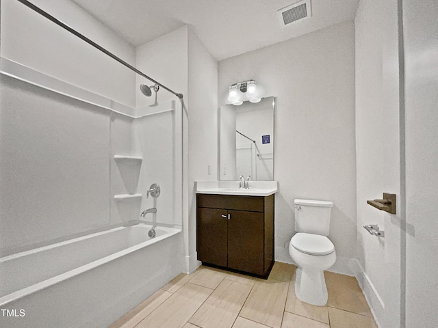 full bathroom featuring visible vents, toilet, baseboards, bathtub / shower combination, and vanity