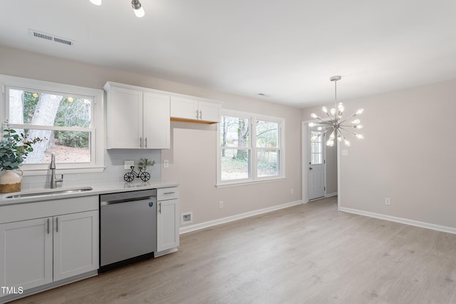 kitchen featuring visible vents, plenty of natural light, dishwasher, and a sink