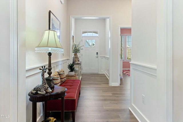 entrance foyer featuring a decorative wall, wood finished floors, and a wainscoted wall