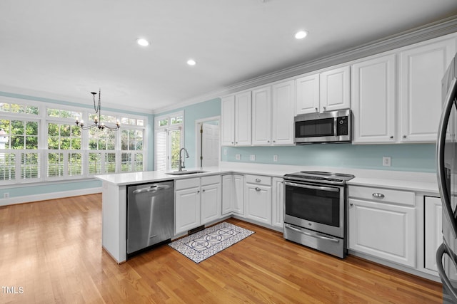 kitchen featuring a sink, white cabinetry, stainless steel appliances, a peninsula, and light countertops