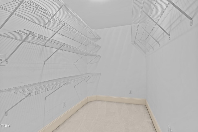 walk in closet with light colored carpet